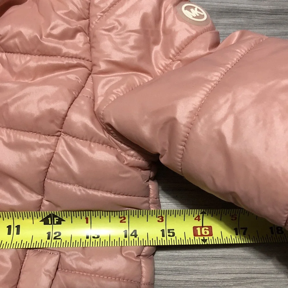 MICHAEL KORS Girls Puffer Zip Jacket Hooded Faux Fur Lined Blush Pink Sz‎ 6X EUC
